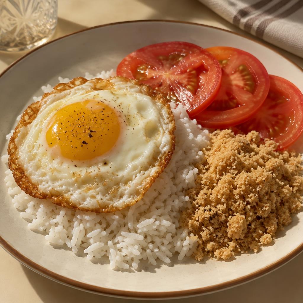 Arroz com ovo frito, tomate e farofa