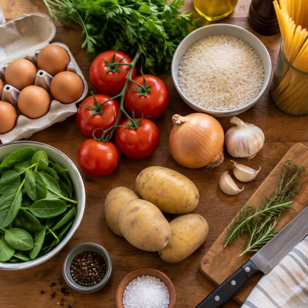 Ingredientes simples organizados sobre a bancada