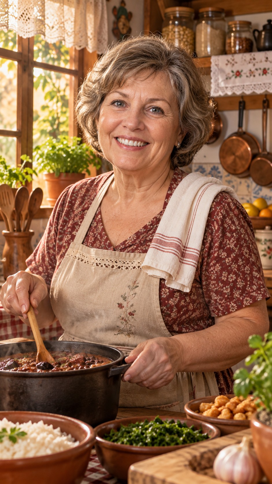 Vó Benta em sua cozinha, sorrindo
